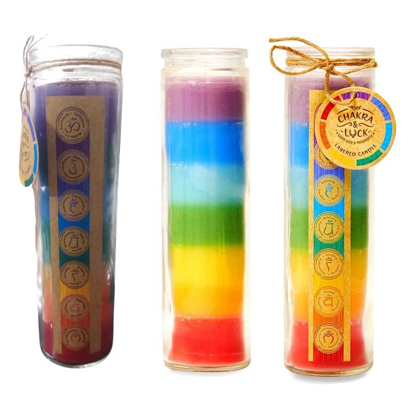 GENERICO - Velón aromático en capas de colores 7 Chakras en frasco de 21 cm