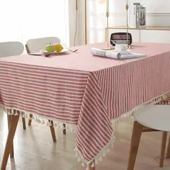 BOHEMIK - Mantel rectangular Largo con lineas rojas y beige con borlas beige