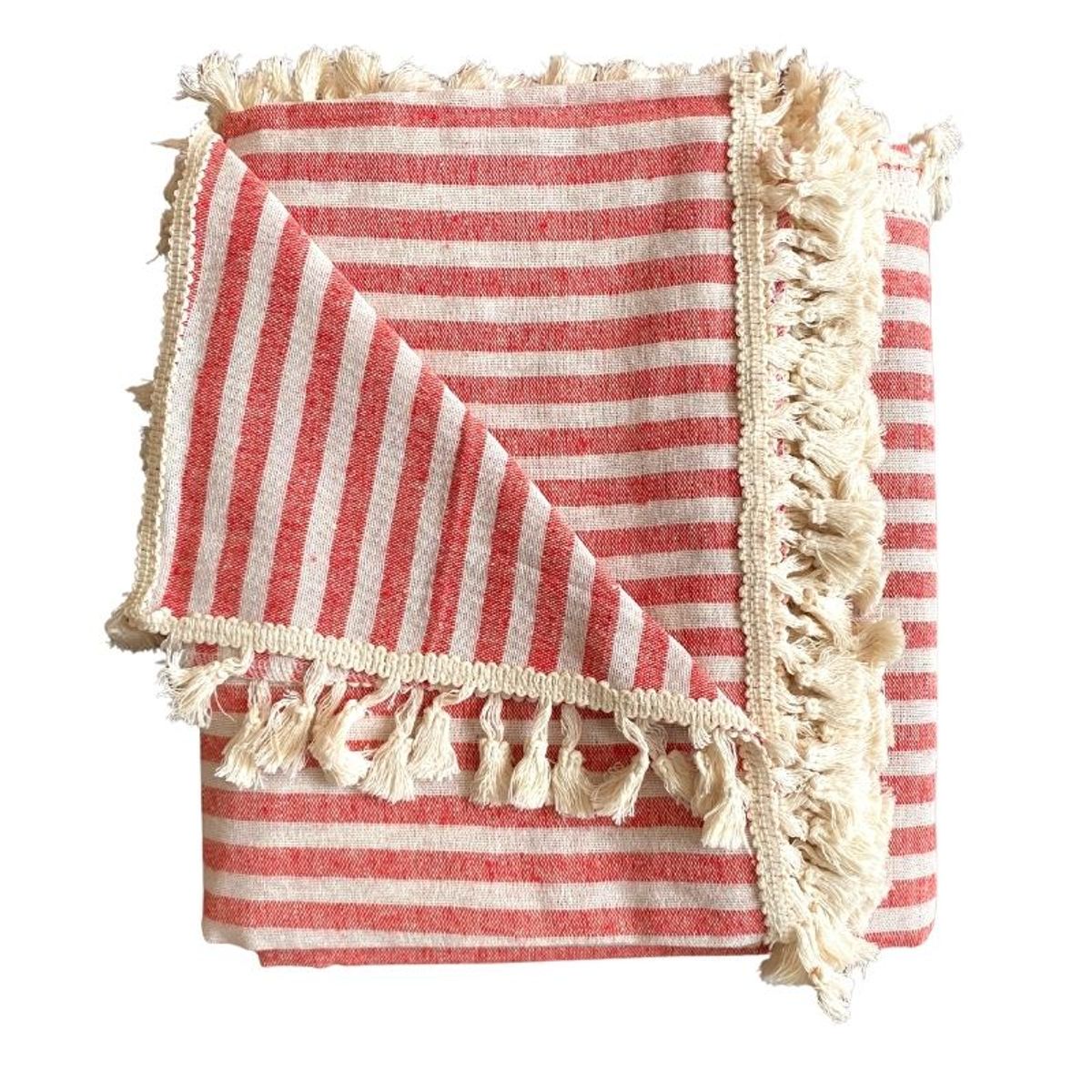 BOHEMIK - Mantel rectangular Largo con lineas rojas y beige con borlas beige
