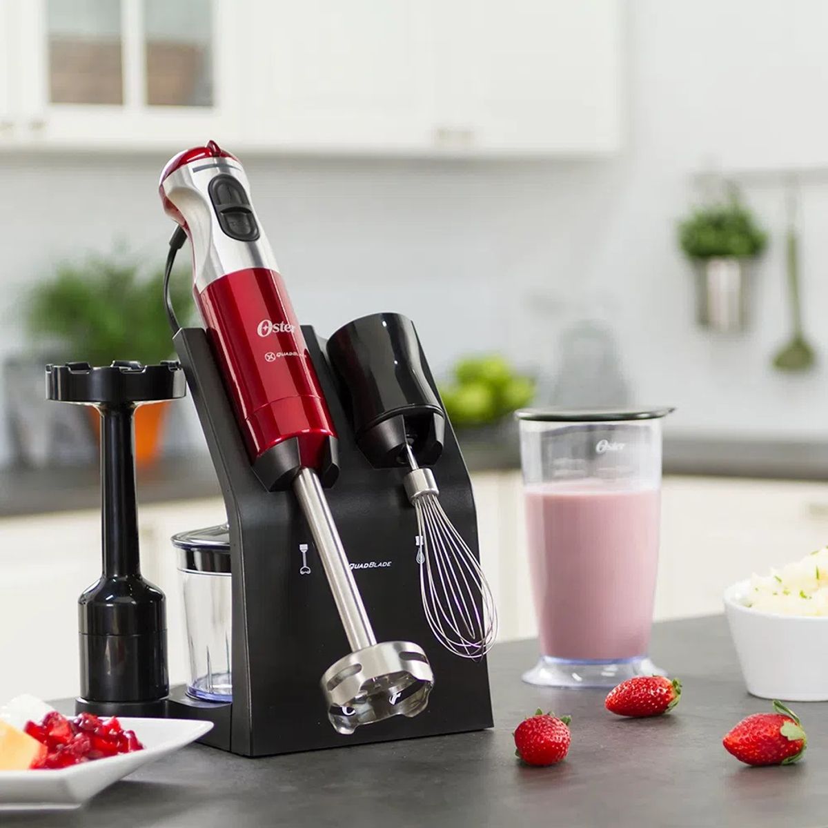 OSTER - Batidora inmersión Oster® roja cuchilla Quad y accesorios FPSTHB5103R