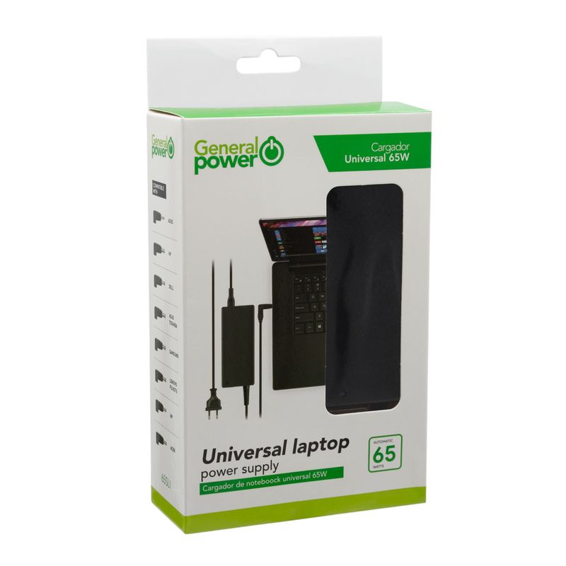 GENERAL POWER - Cargador Universal Notebook Multimarcas Auto Regulable 65W - Negro