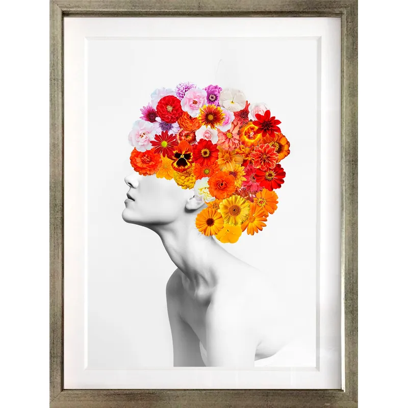 PAPEL ILUSTRADO - Cuadro Collage Perfil Floral Rojo  40x50 cm Marco Plateado