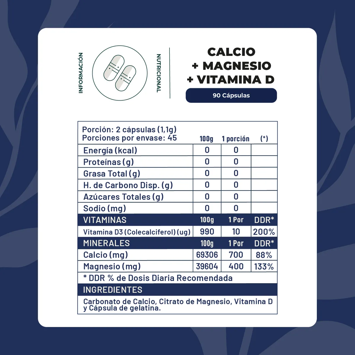 KARUNLIFE - Calcio + Magnesio + Vitamina D 90 Cápsulas 550 Mg