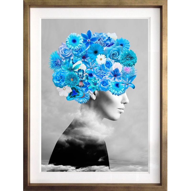 PAPEL ILUSTRADO - Cuadro Colalle Perfil Floral Azul  40x50 cm Marco Dorado