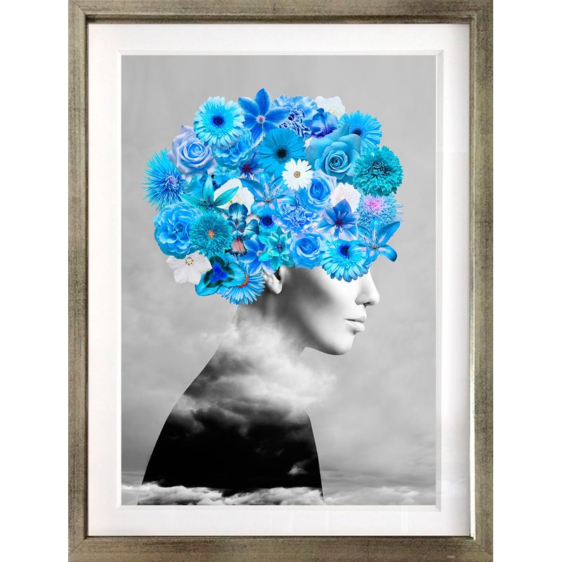 PAPEL ILUSTRADO - Cuadro Collage Perfil Floral Azul  40x50 cm Marco Plateado