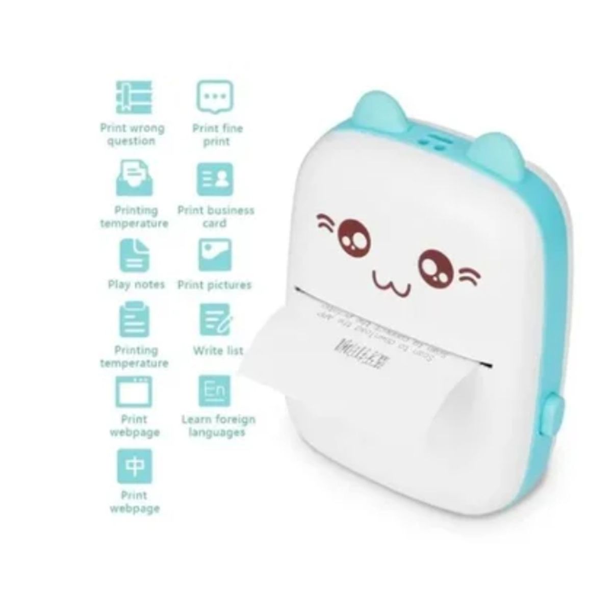 ESHOPANGIE - Mini Impresora Térmica Portátil Bluetooth Gatito + 1 Rollo Celeste