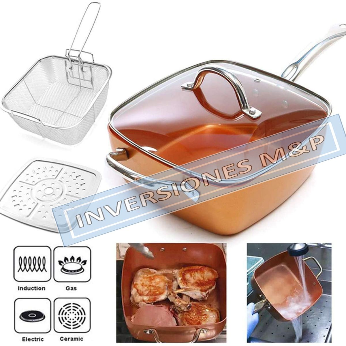 MP - Sartén Cobre Multiuso Cesta Freír Cerámica Anti Adherente