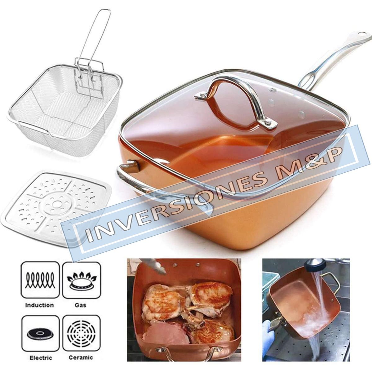 MP - Sartén Cobre Multiuso Cesta Freír Cerámica Anti Adherente