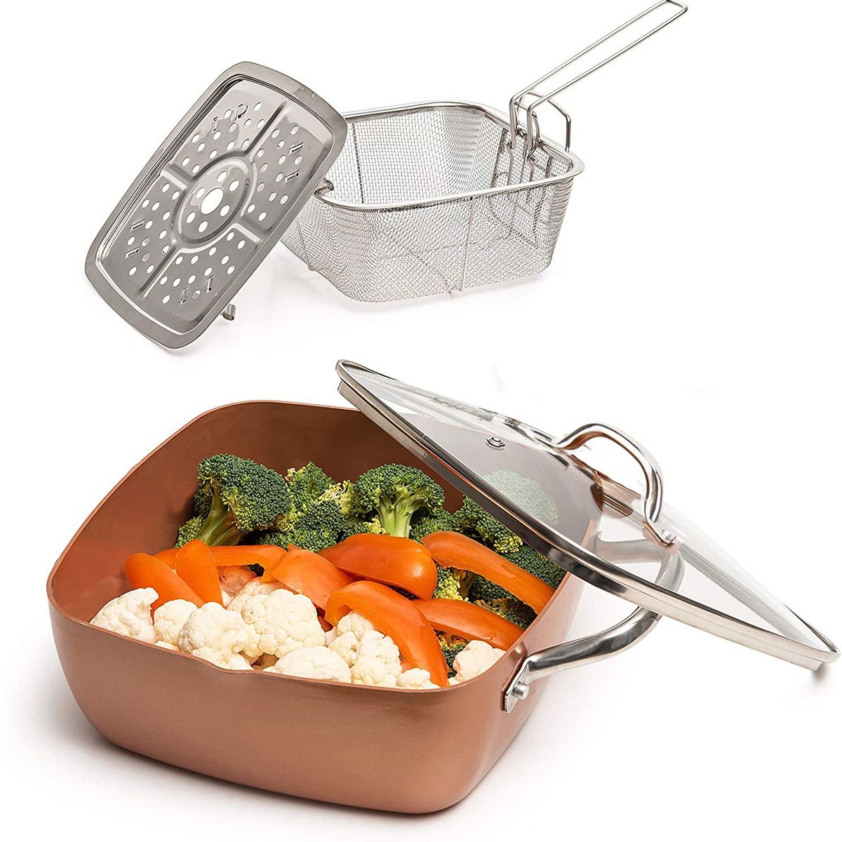 MP - Sartén Cobre Multiuso Cesta Freír Cerámica Anti Adherente