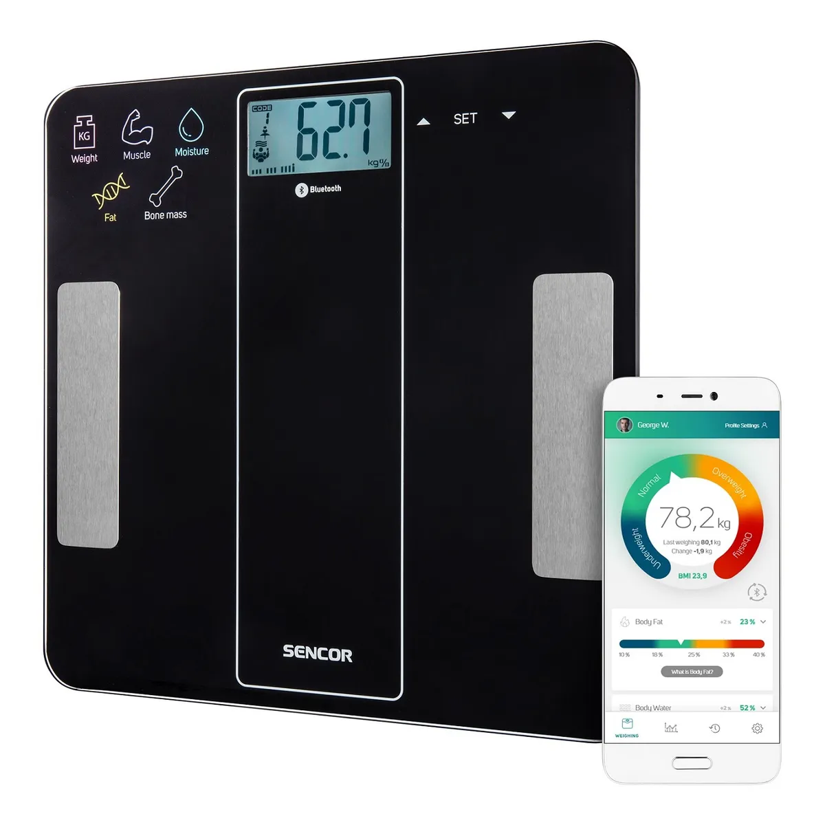 SENCOR - Pesa Balanza de baño Digital Bluetooth Inteligente Negro 180 kgs