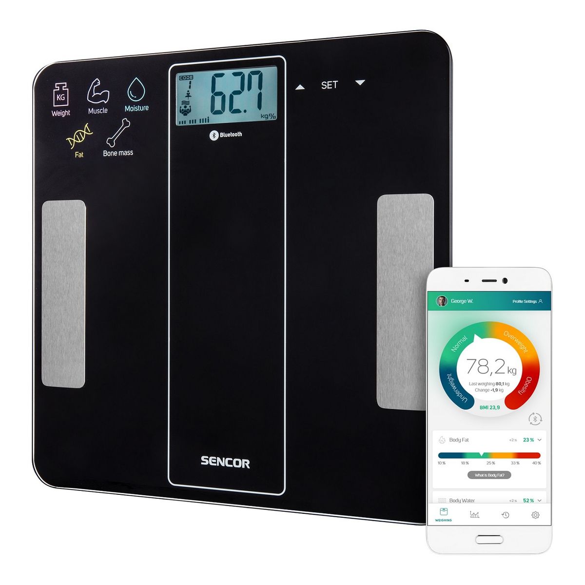 SENCOR - Pesa Balanza de baño Digital Bluetooth Inteligente Negro 180 kgs