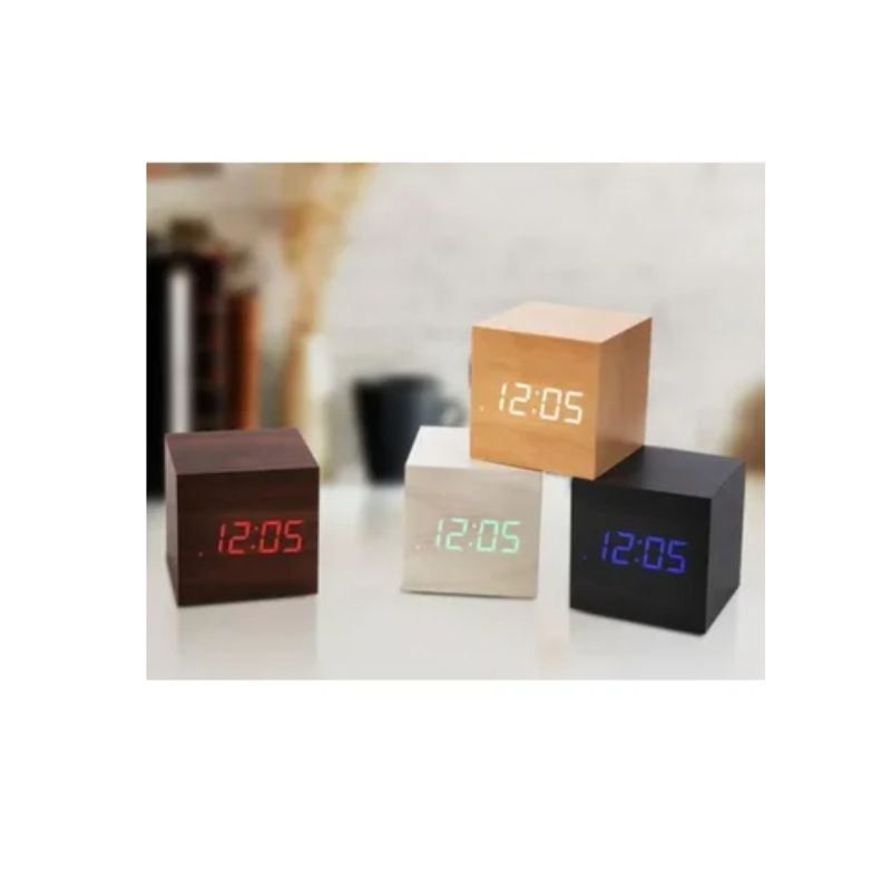 ESHOPANGIE - Reloj Despertador Digital Luz Led Cubo De Madera