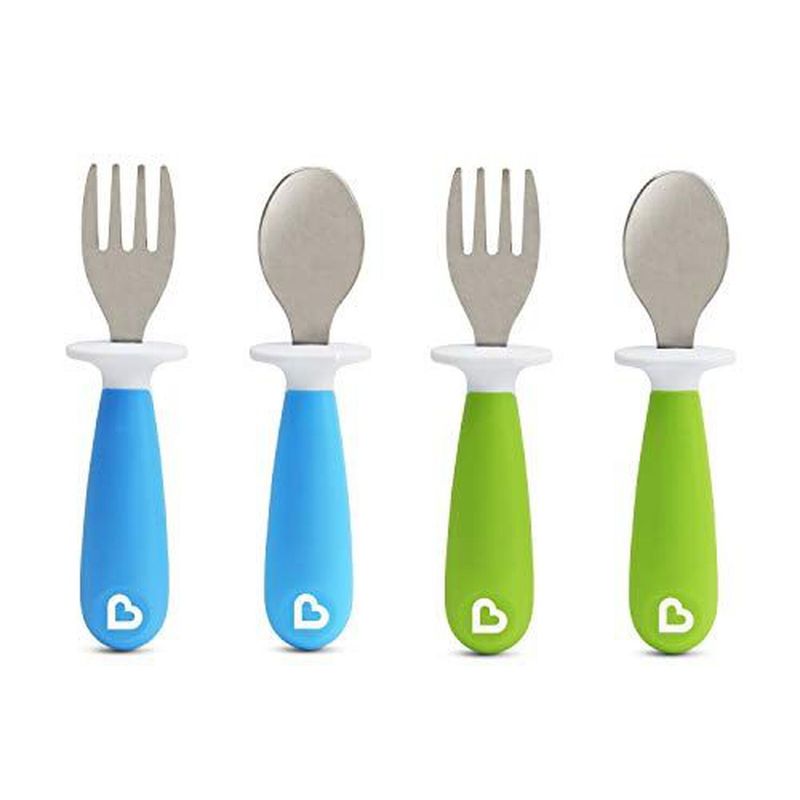 MUNCHKIN - SET DE TENEDOR Y CUCHARA DE METAL COLOR AZUL Y VERDE