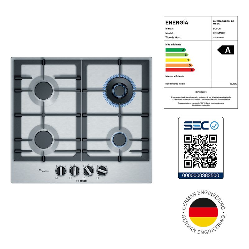 BOSCH - Encimera a Gas Bosch PCH6A5B90 60cm 4 quemadores Acero Inox