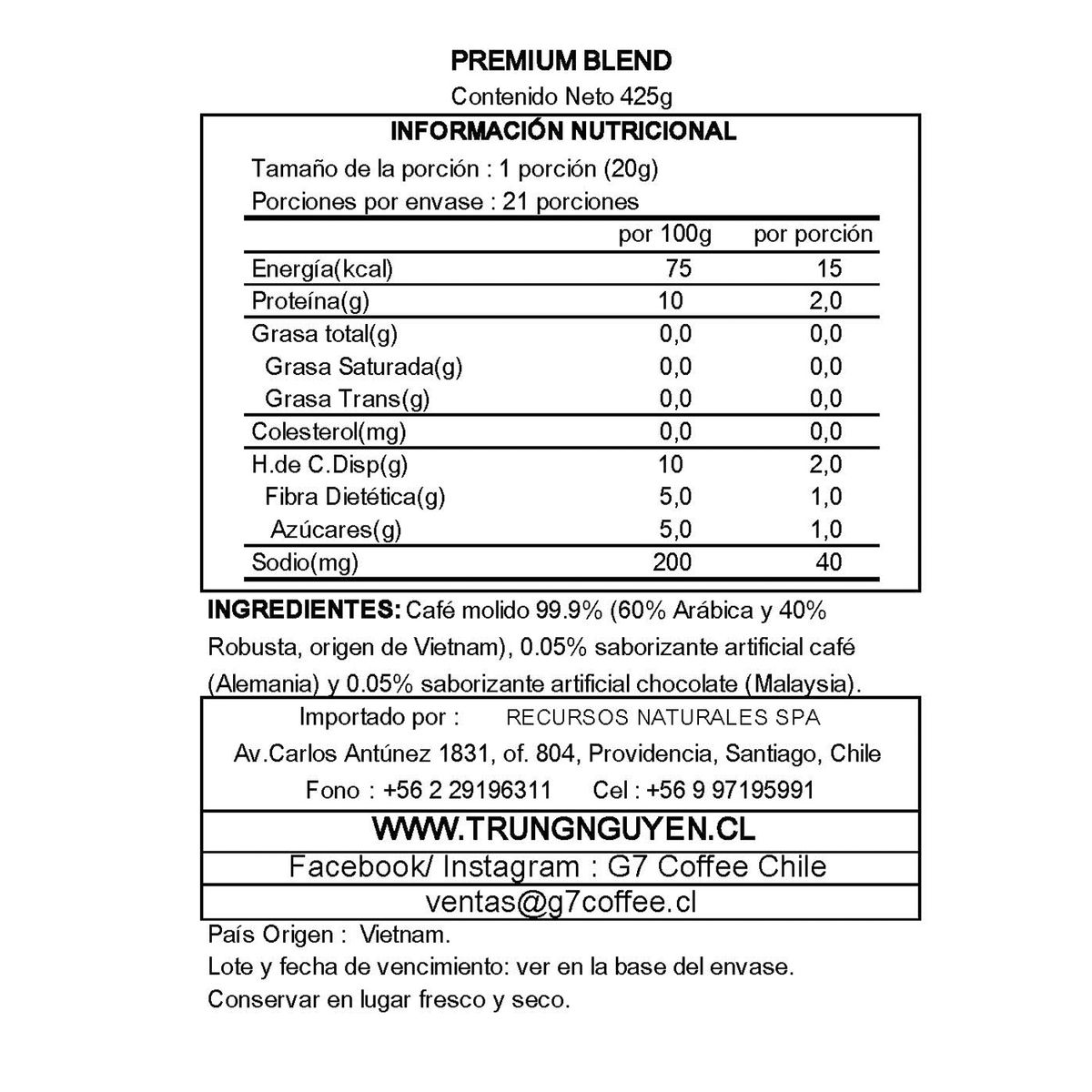 TRUNG NGUYEN - Café Molido Con Cacao Premium Blend lata 425g Trung Nguyen