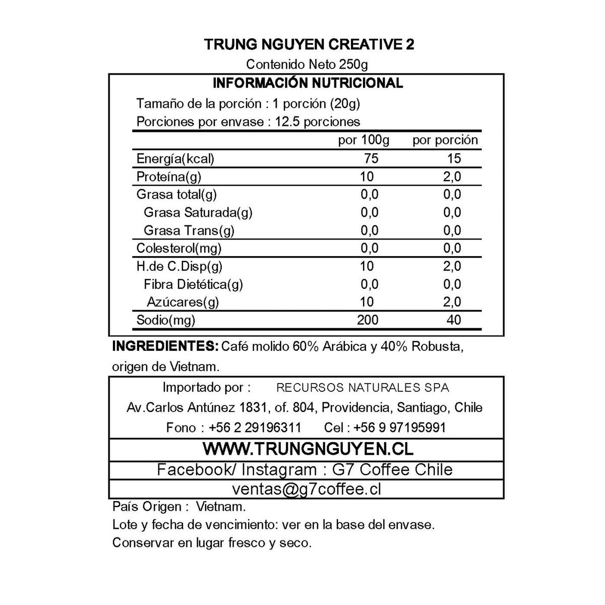 TRUNG NGUYEN - Café Molido Vietnamita Creative 2 Trung Nguyen Bolsa 250g