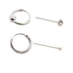 GENERICO - Set de Aros y Piercing de Nariz Plata 925 Promo 3 - Plata