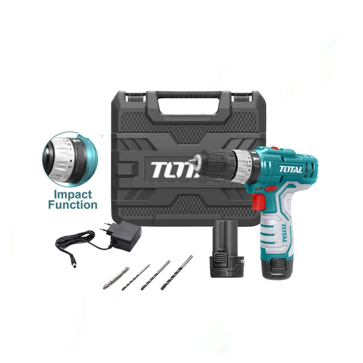 TOTAL TOOLS - Taladro 3/8” 10mm 12v + 2 Bat 1.5amp + Cargador + 6 Accesorios TOTAL