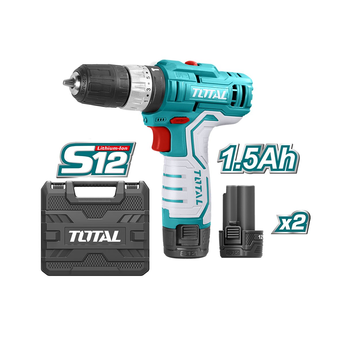 TOTAL TOOLS - Taladro 3/8” 10mm 12v + 2 Bat 1.5amp + Cargador + 6 Accesorios TOTAL