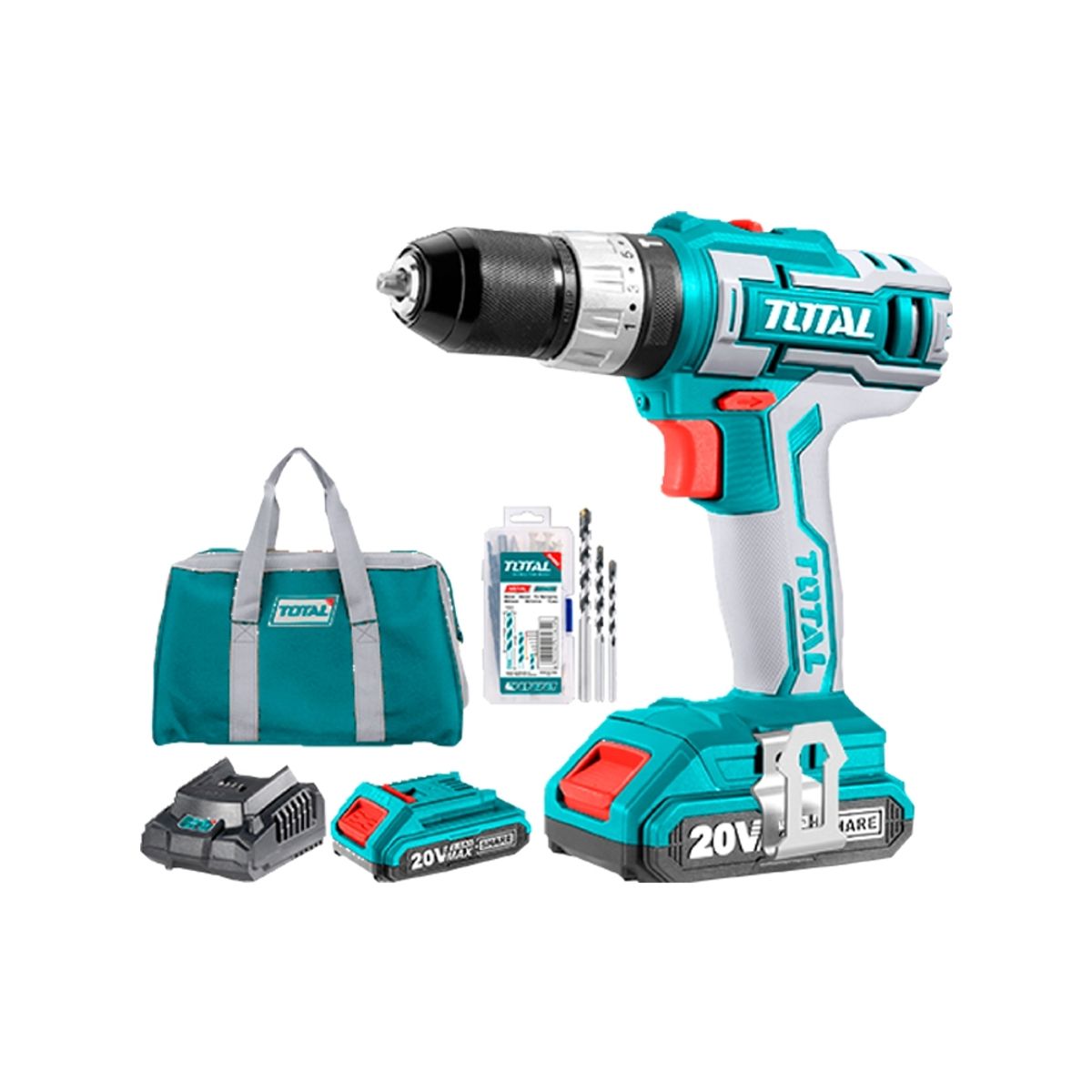 TOTAL TOOLS - Taladro Percutor 3/8” 10mm 20v + 2 Bat 2amp + Cargador + 50 Acc TOTAL