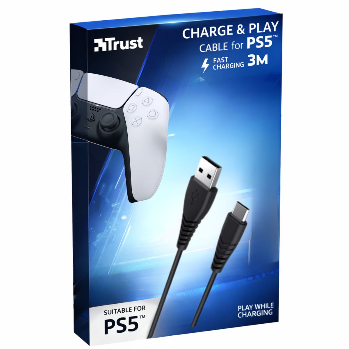 TRUST - Cable de datos Trust Type-C 3M para PS5 / Smartphone / Android Auto