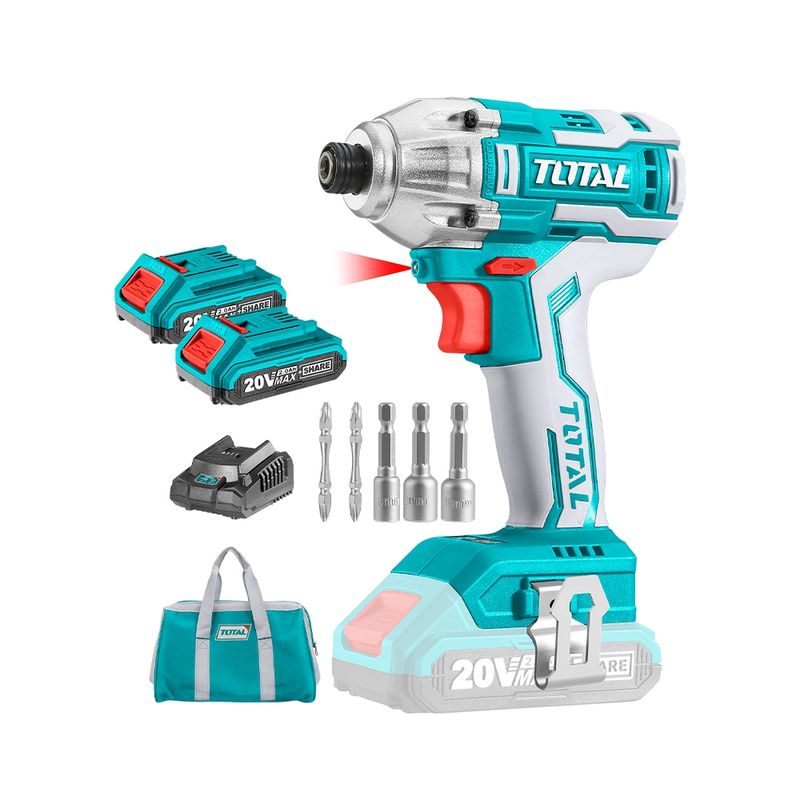 TOTAL TOOLS - Atornillador 20v 1/4" 6mm + 2 Bat 2amp + Cargador + 7 Accesorios TOTAL