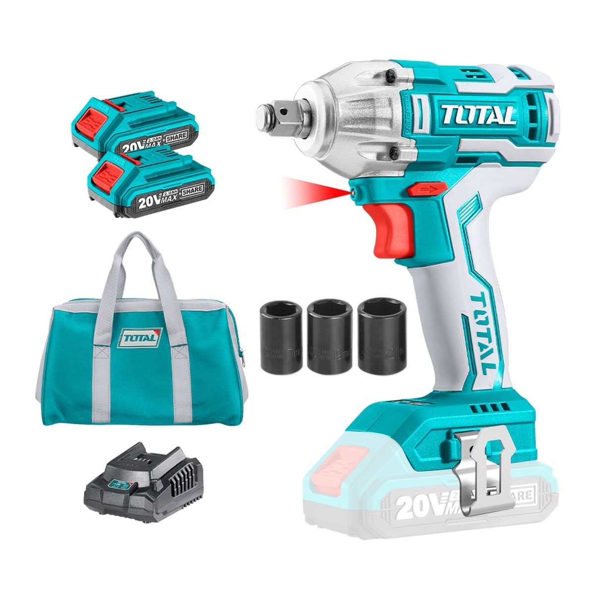 TOTAL TOOLS - Llave Impacto 20v 1/2'' 13mm + 2 Bat 2amp + 1 Cargador + 5 Acc TOTAL