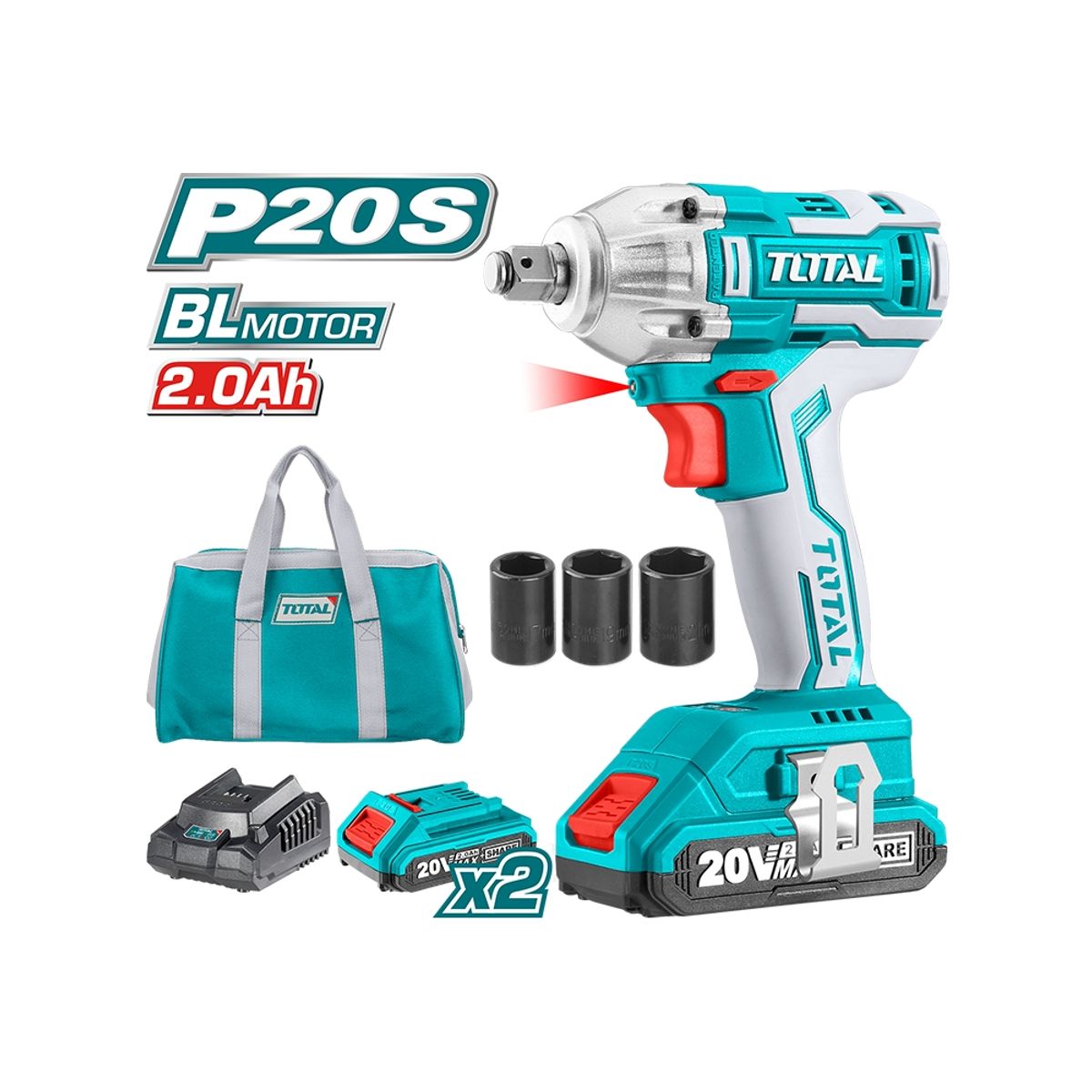 TOTAL TOOLS - Llave Impacto 20v 1/2'' 13mm + 2 Bat 2amp + 1 Cargador + 5 Acc TOTAL
