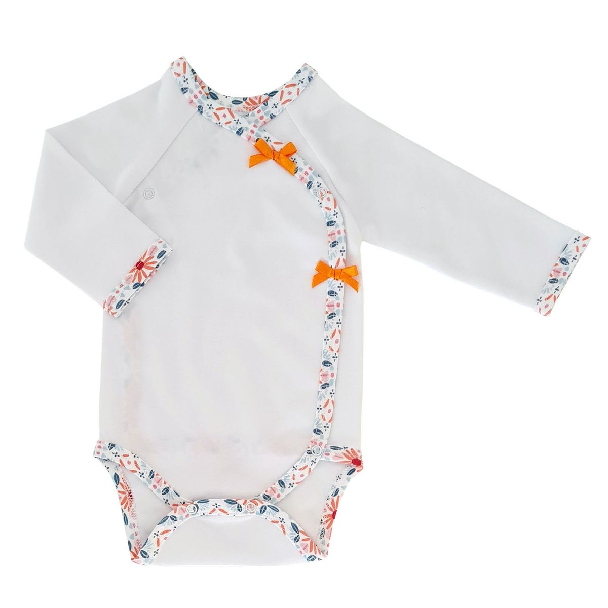 GENERICO - BODY CRUZADO BLANCO CON ESTAMPADO DE FLORES NARANJA MANGA LARGA