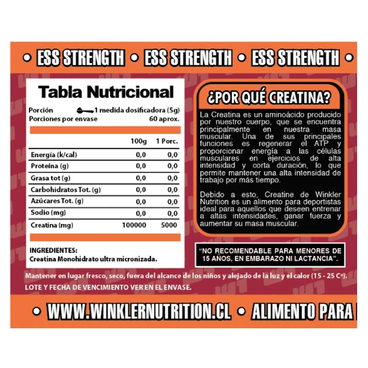 WINKLER NUTRITION - Creatina Monohidrato 300 grs. 60 servicios Winkler Nutrition