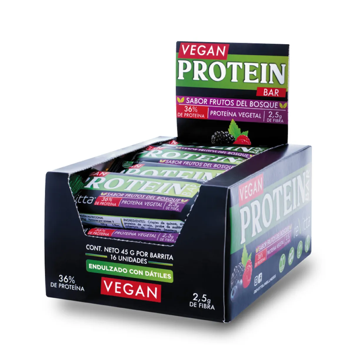 REVITTA WELLNESS - Caja 16 barritas veganas proteína vegetal frutos del bosque 45 grs.