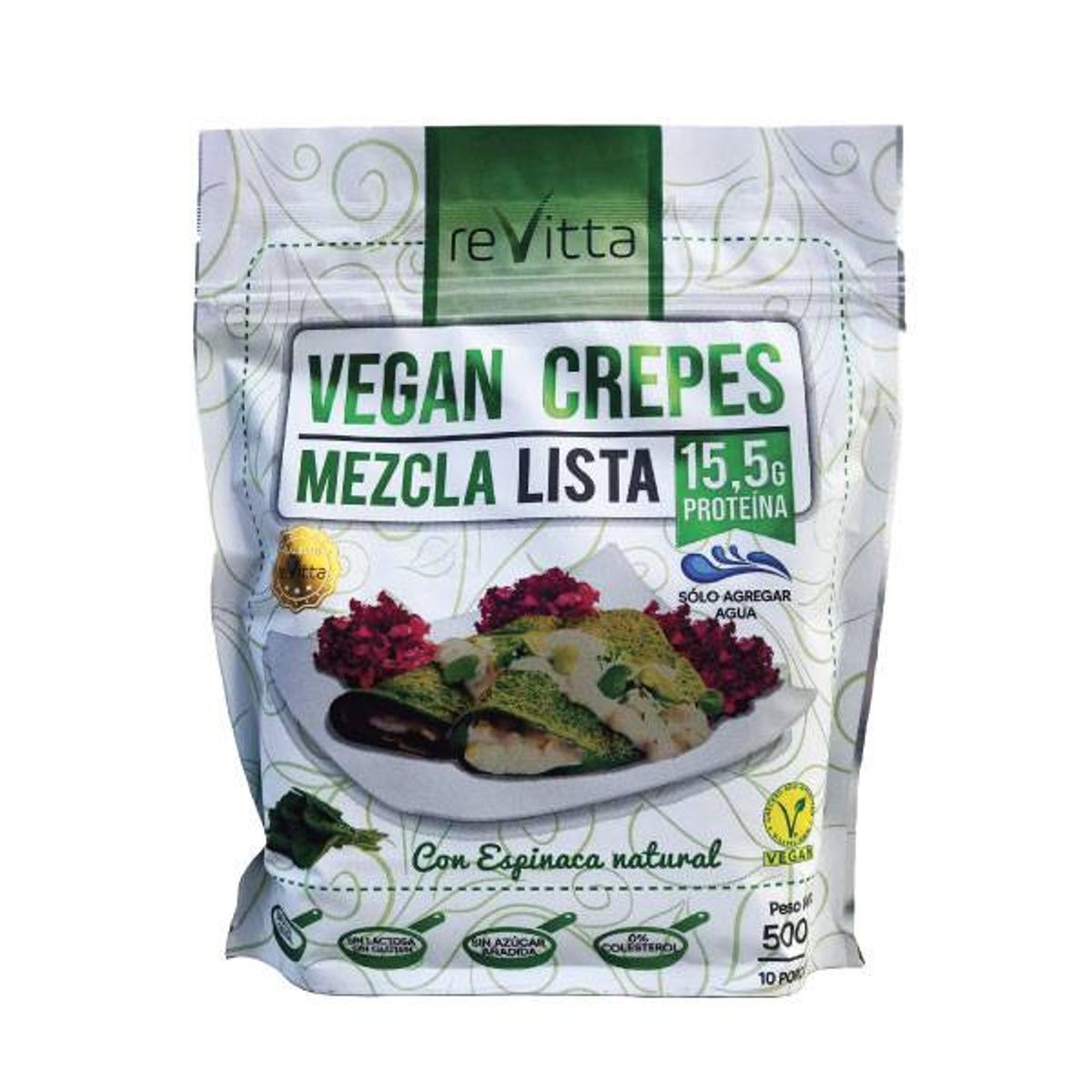 REVITTA WELLNESS - PanquequesCrepes vegano proteico Mezcla Lista espinaca 500g