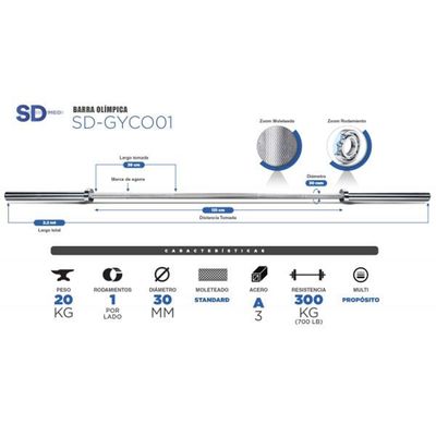 Imagen 2 del producto Barra Olímpica 20 KG – Resistencia 700 LB – SD-GYCO01