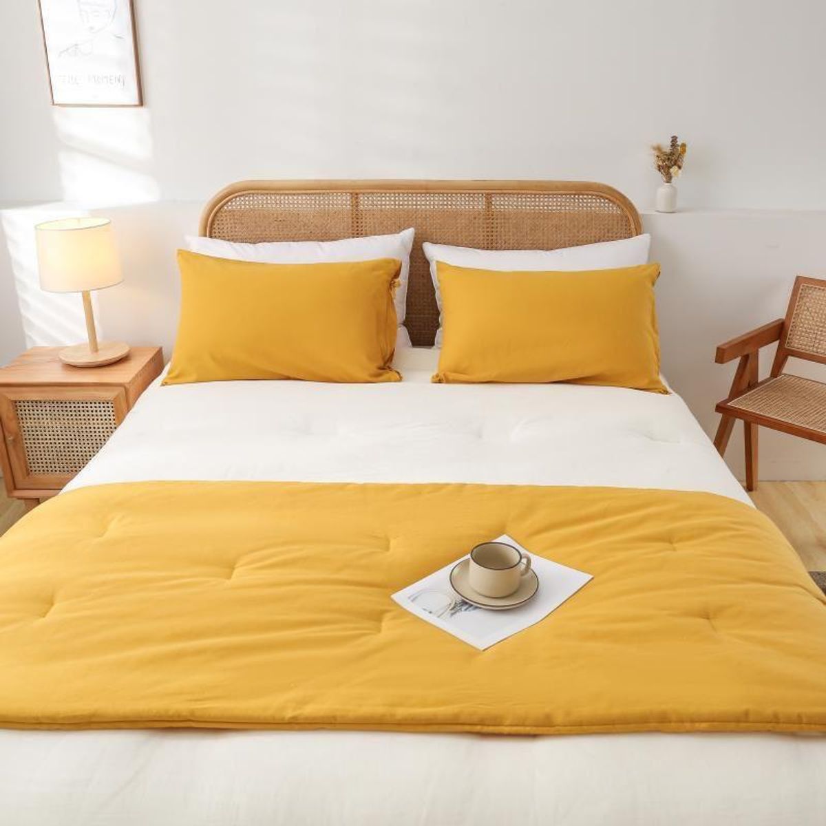 GENERICO - Set Piecera de Lino Mostaza 80 X 210 +2 fundas