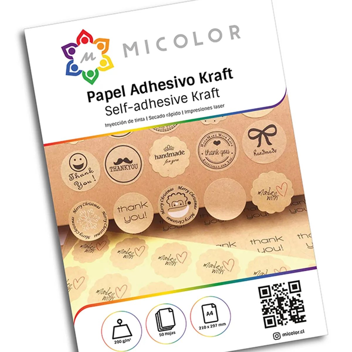 MICOLOR - Papel Adhesivo Kraft imprimible A4 200g 100 hojas