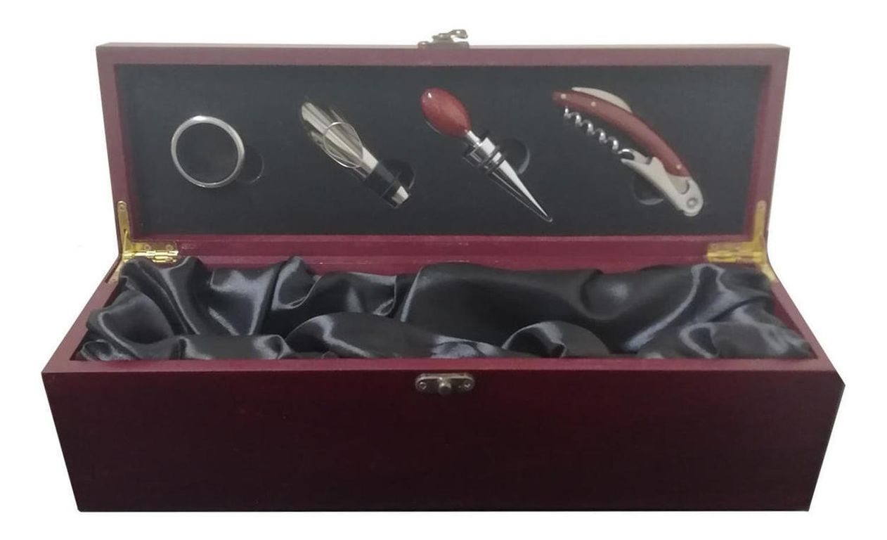 Caja Madera Barnizada 4 Accesorios Metalicos Vino