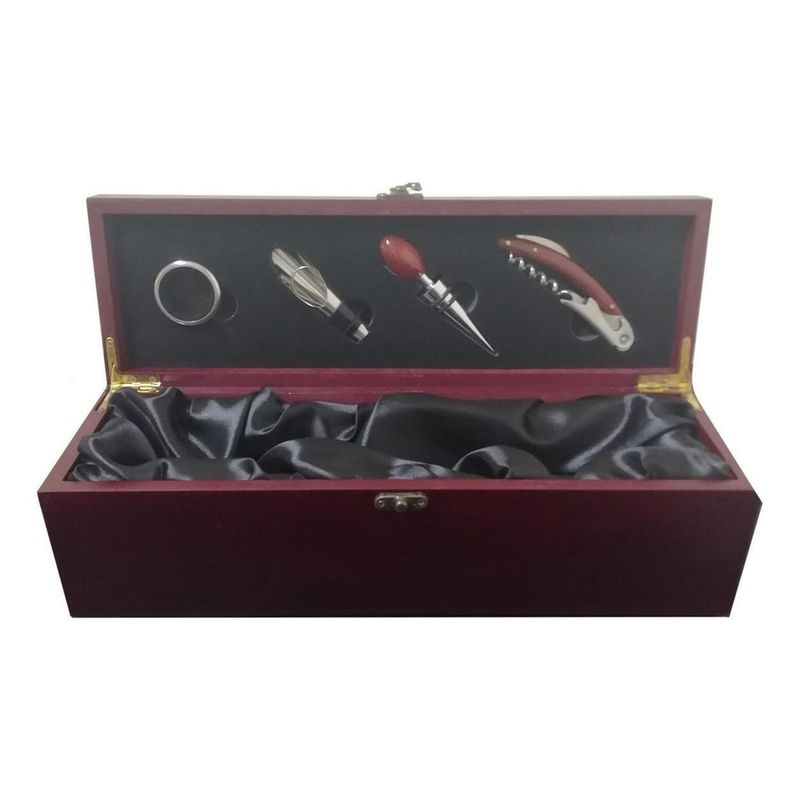 IMPORTCLICK - Caja De Madera Barnizada Con 4 Accesorios Metálicos De Vino