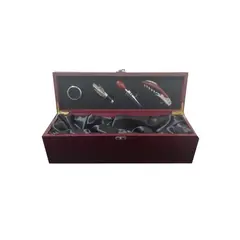 IMPORTCLICK - Caja De Madera Barnizada Con 4 Accesorios Metálicos De Vino