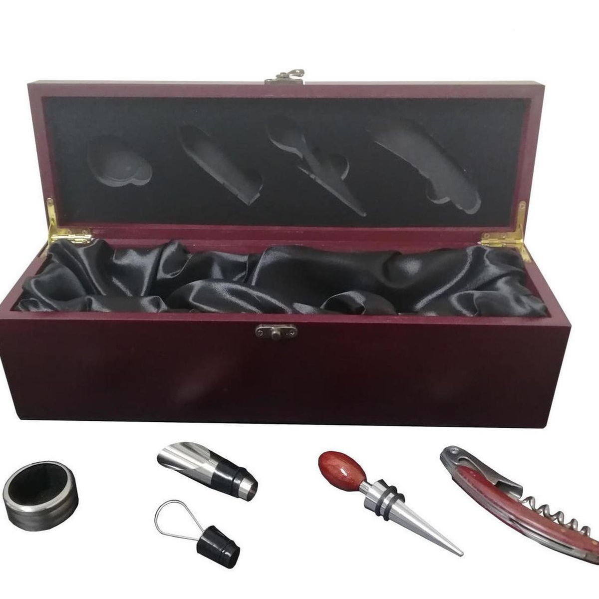 IMPORTCLICK - Caja Madera Barnizada 4 Accesorios Metálicos Vino