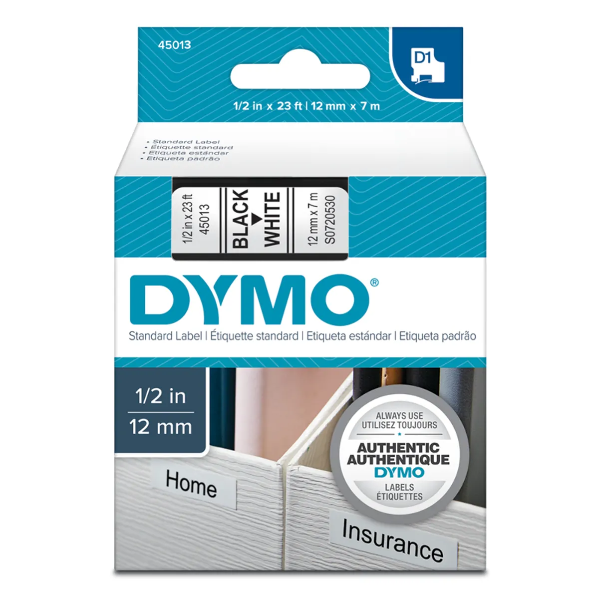 DYMO - Cinta D1 Dymo 12mmx7m Negro-Blanco