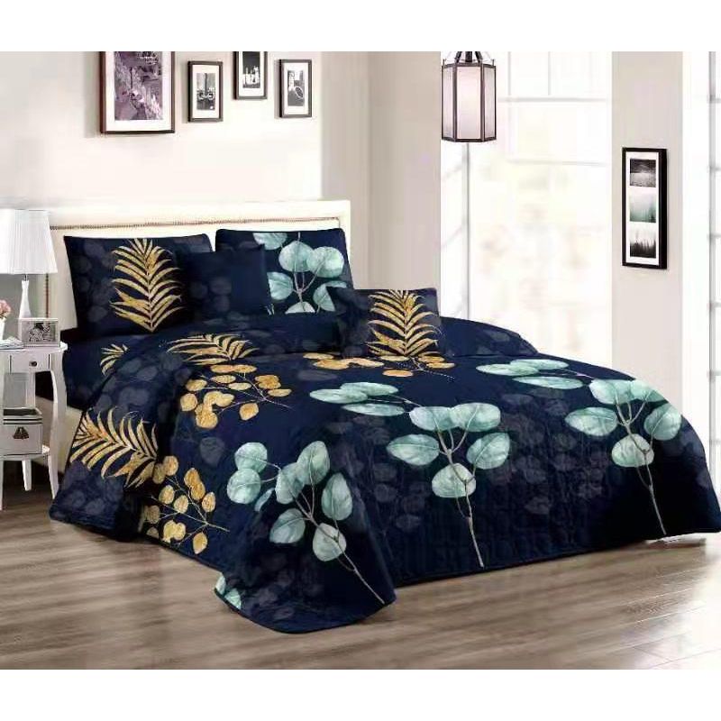 GENERICO - Cobertores de Verano Quilt 2 Plazas Azul con hojas doradas