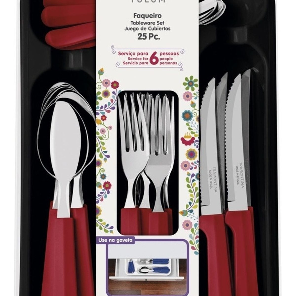 TRAMONTINA - Juego Cubiertos Tramontina 25 Piezas, Rojo, Acero Inoxidable