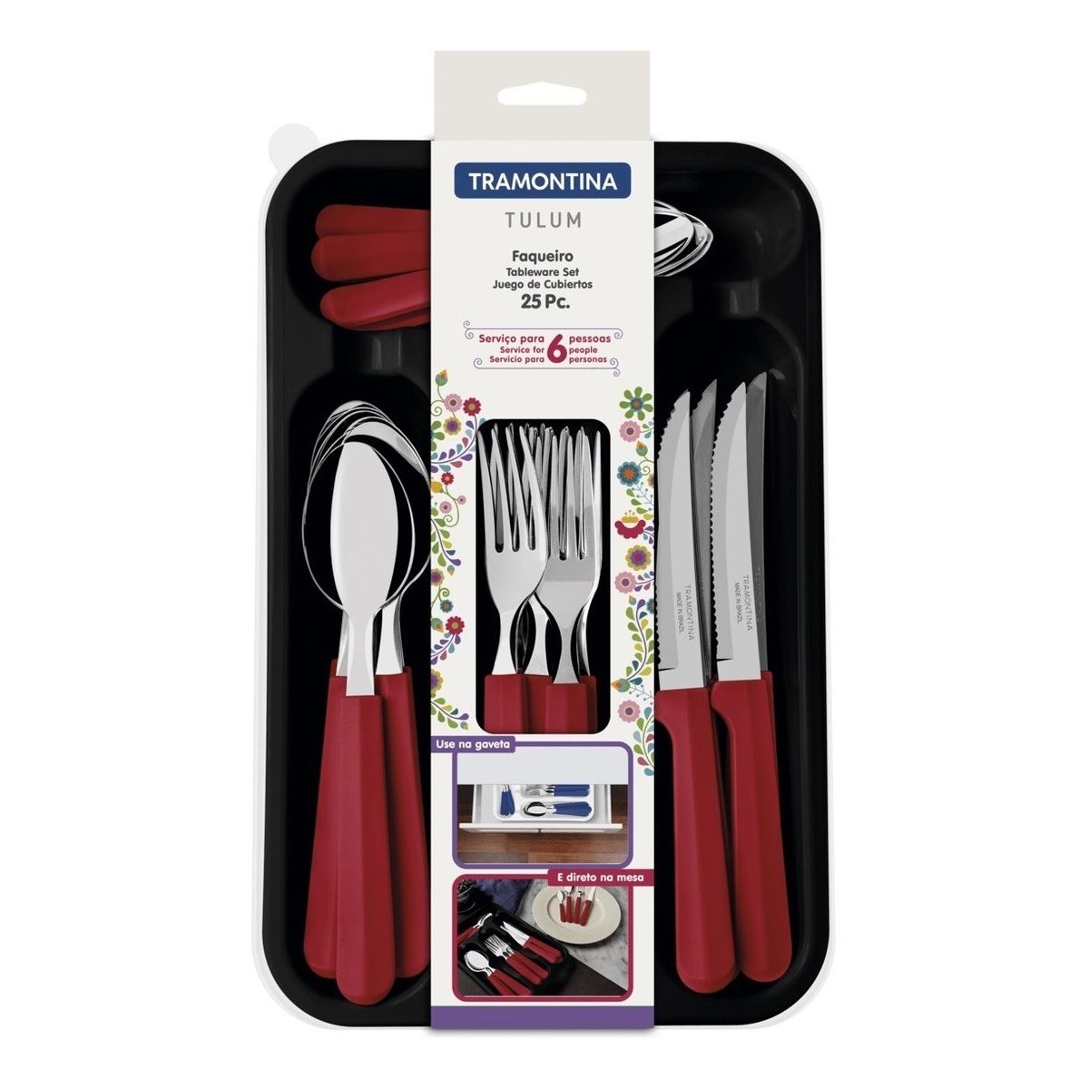 TRAMONTINA - Juego Cubiertos Tramontina 25 Piezas, Rojo, Acero Inoxidable