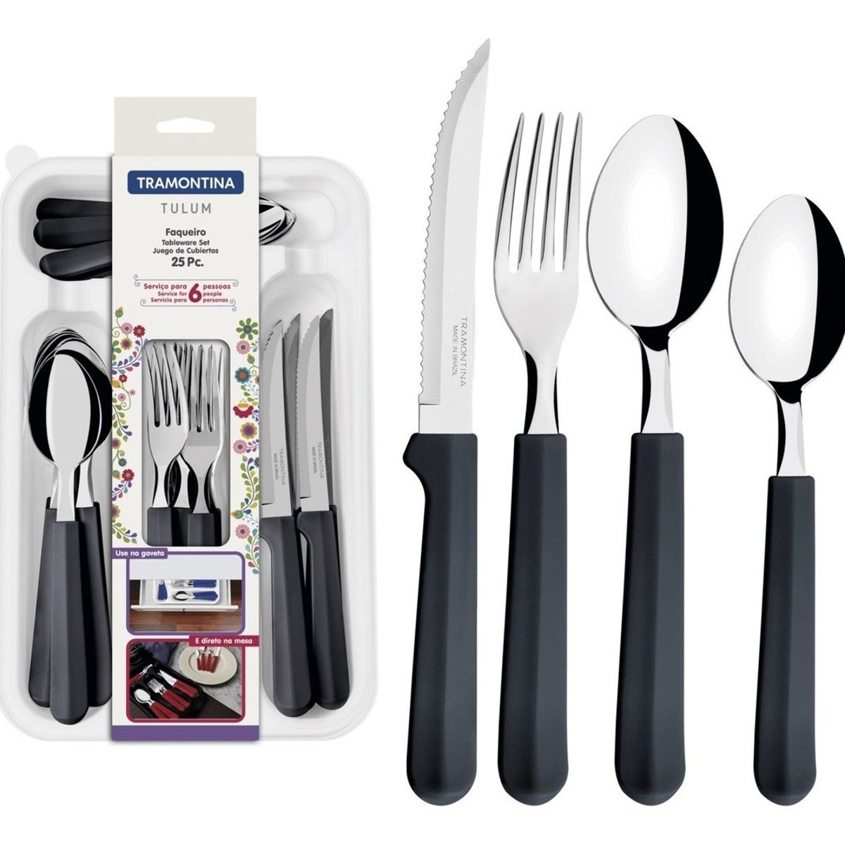 TRAMONTINA - Juego Cubiertos Tramontina 25 Piezas, Gris, Acero Inoxidable