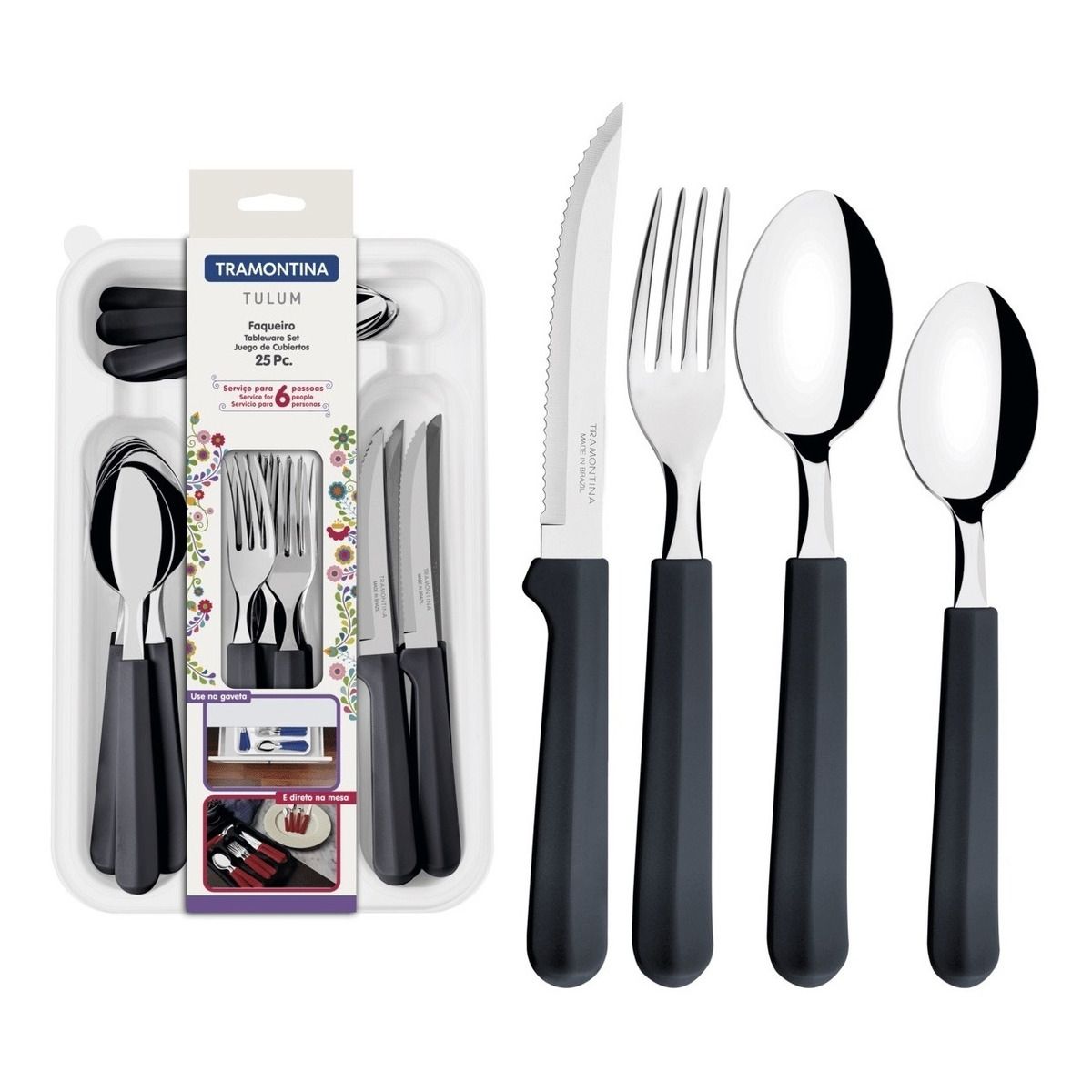 TRAMONTINA - Juego Cubiertos Tramontina 25 Piezas, Gris, Acero Inoxidable