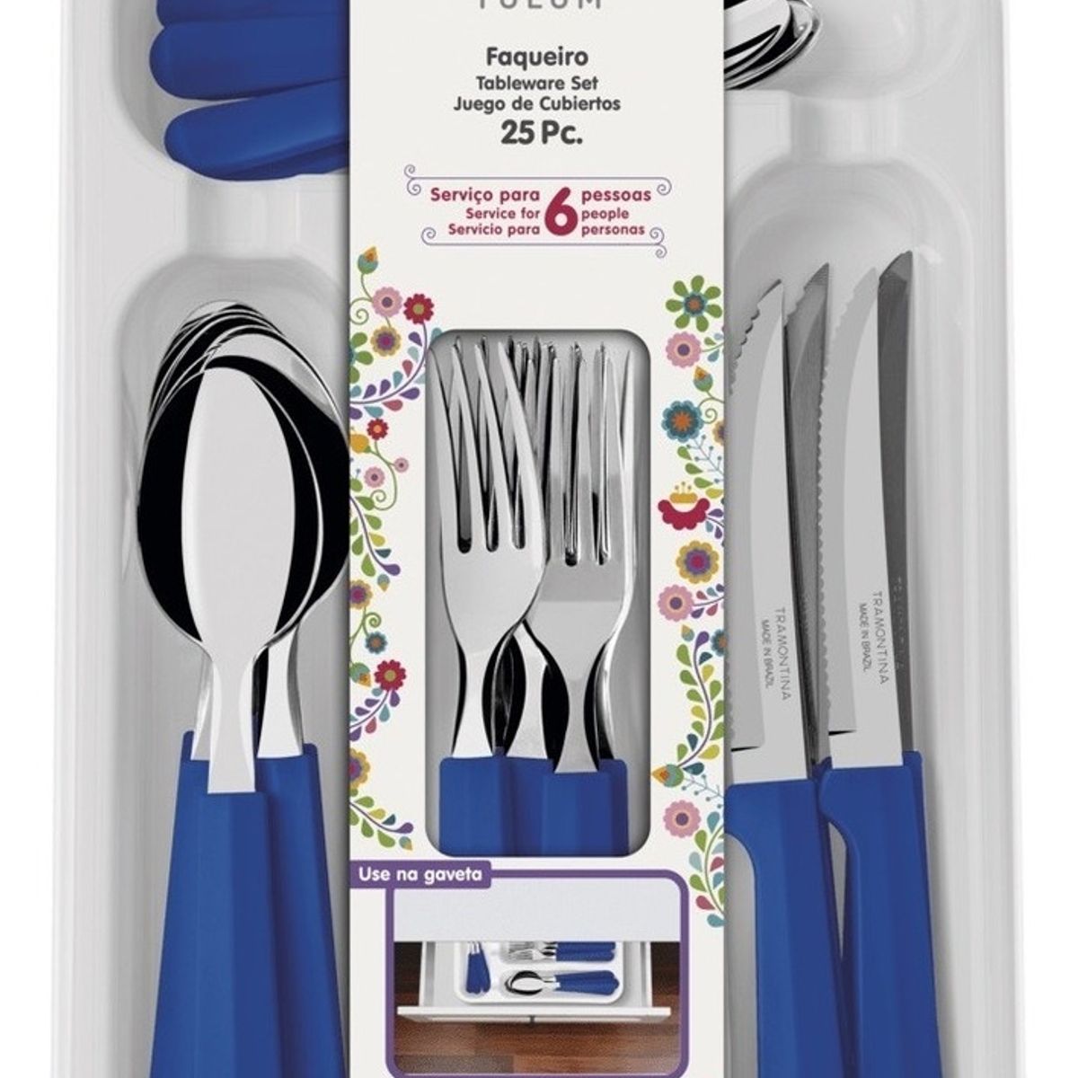 TRAMONTINA - Juego Cubiertos Tramontina 25 Piezas, Azul, Acero Inoxidable