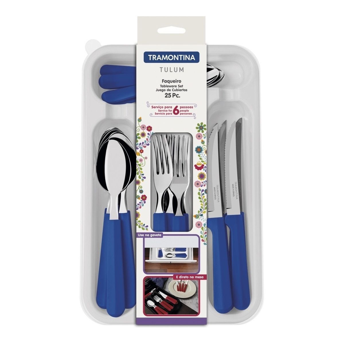 TRAMONTINA - Juego Cubiertos Tramontina 25 Piezas, Azul, Acero Inoxidable