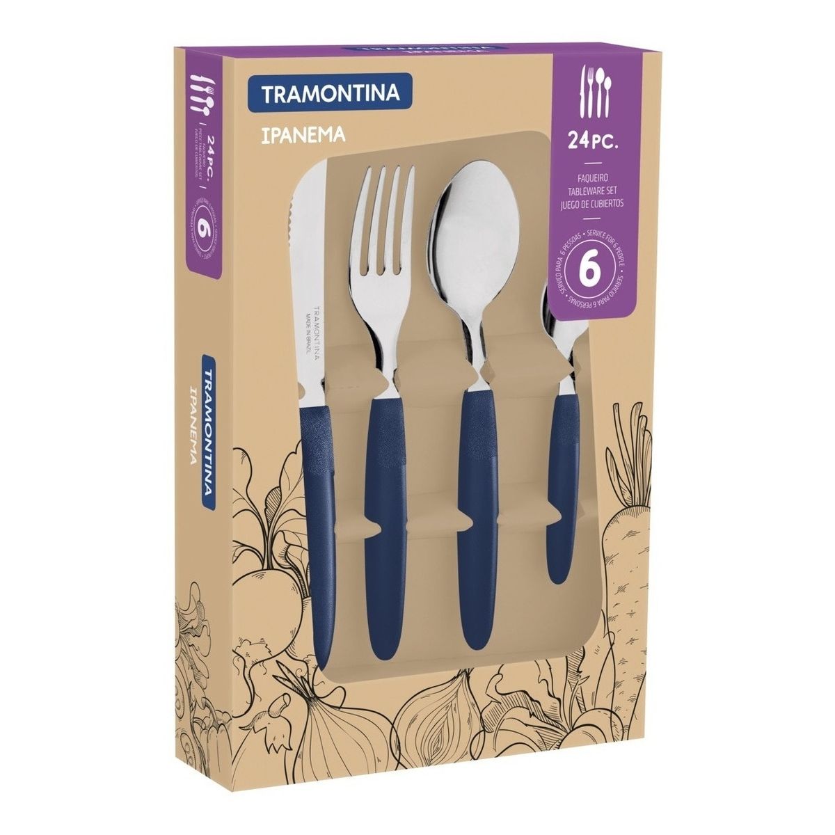 TRAMONTINA - Juego Cubiertos Tramontina 24 Piezas, Azul, Acero Inoxidable