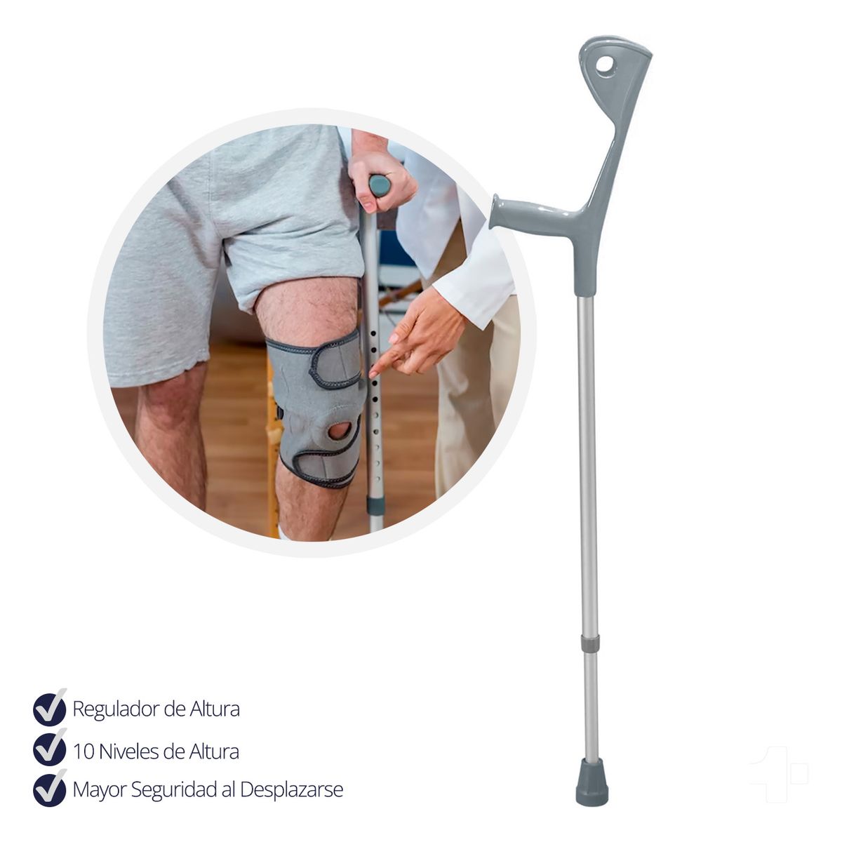 TOPMEDIC - Baston Muleta Ortopedica Canadiense Con Regulador Altura Gris