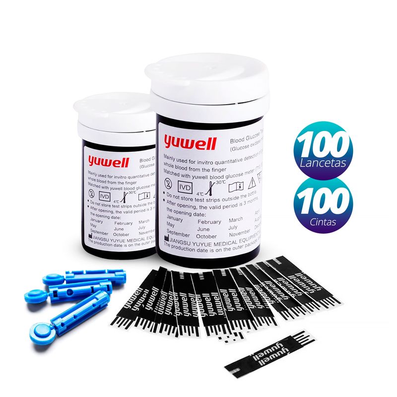 YUWELL - 100 Cintas Tiras Reactivas + 100 Lancetas Glucometro Yuwell 582